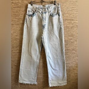 ZARA Jeans Women Size 10 Light Blue Acid Wide Leg Raw Hem Fringe High Waist